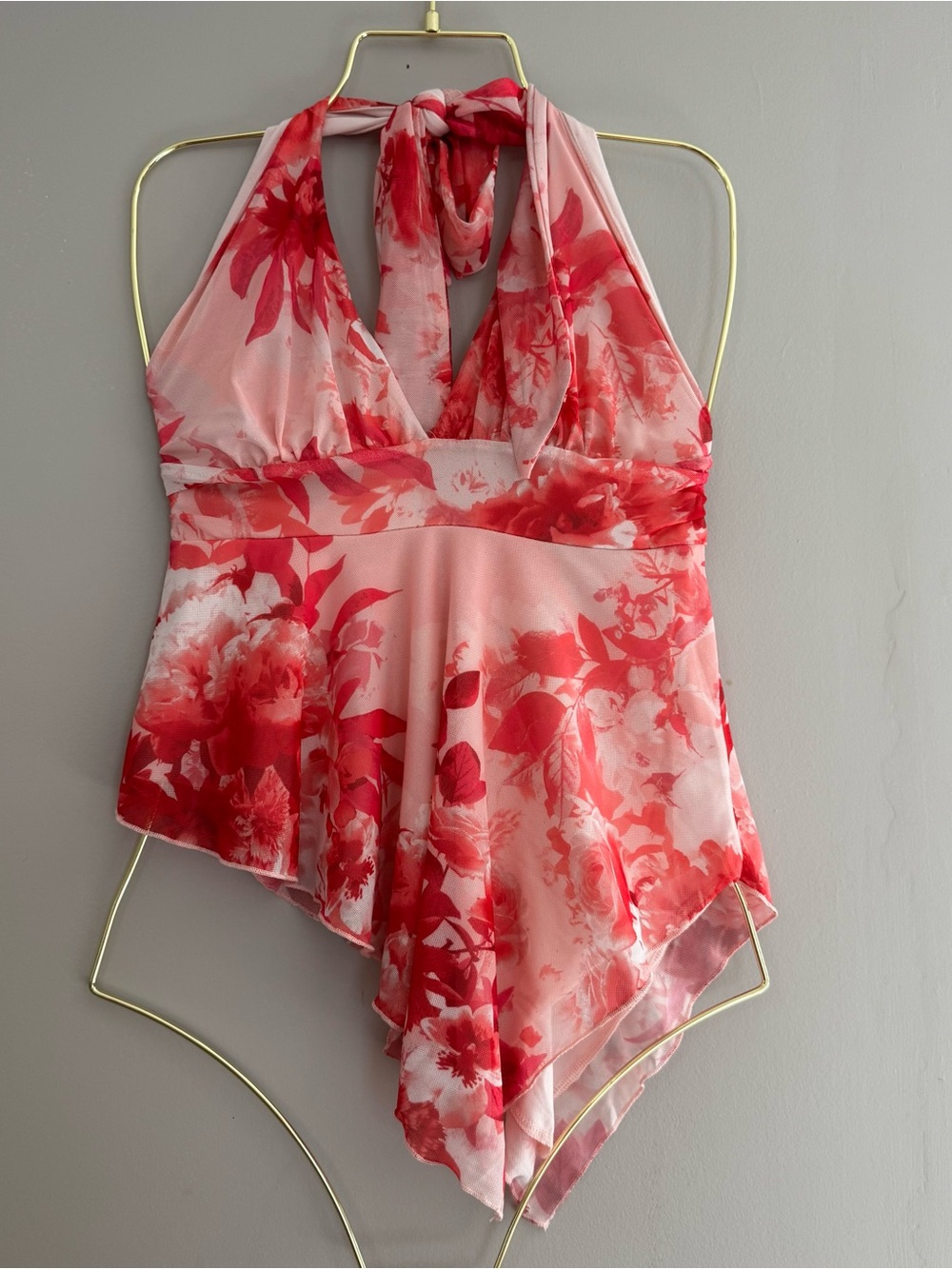 NWOT Electric Behaviour Pink Floral Halter Handkerchief Mesh Fairycore Top Sz S